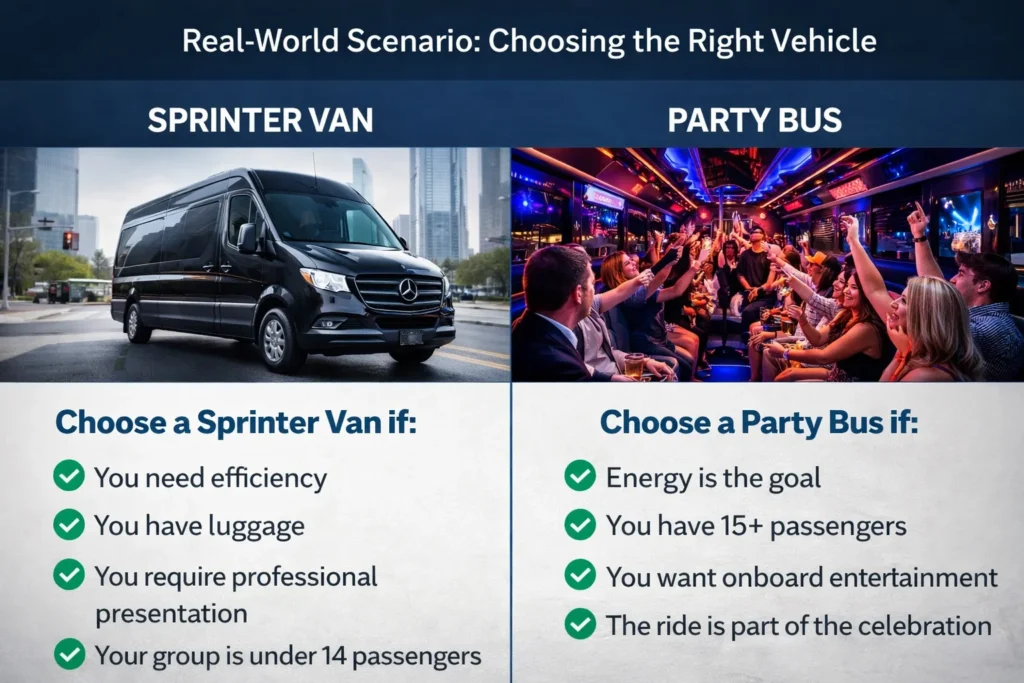 Choosing the Right Vehicle-sprinter van vs party bus