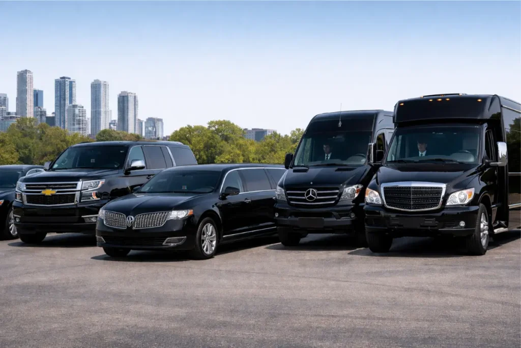 Convenient vehicle types SUV, sprinter van, party bus, limousine
